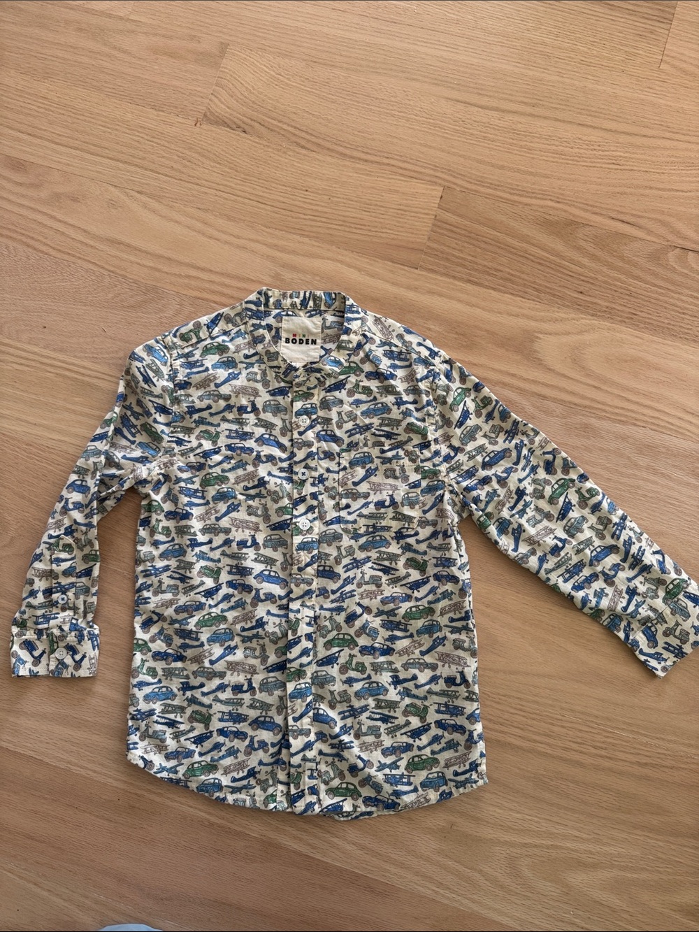Boden White Jacket with Blue & Green Car Print